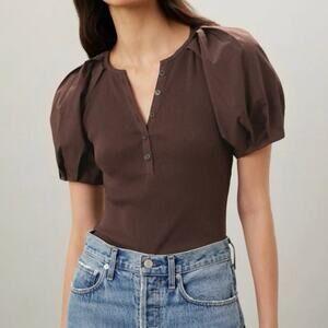 Derek Lam Albane brown ribbed Tee puff sleeves Size XL